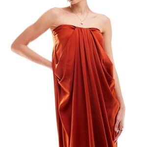 Burnt red satin bandeau drape column midi dress in burnt red